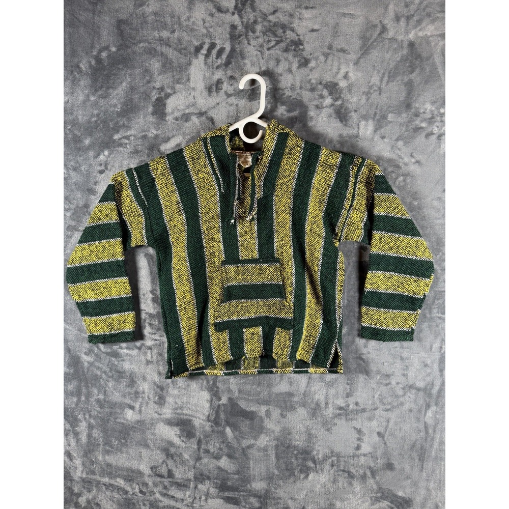 Baja Hoodie Vel-Mex Sml Green Yellow Striped Mexican Made Poncho Pullover